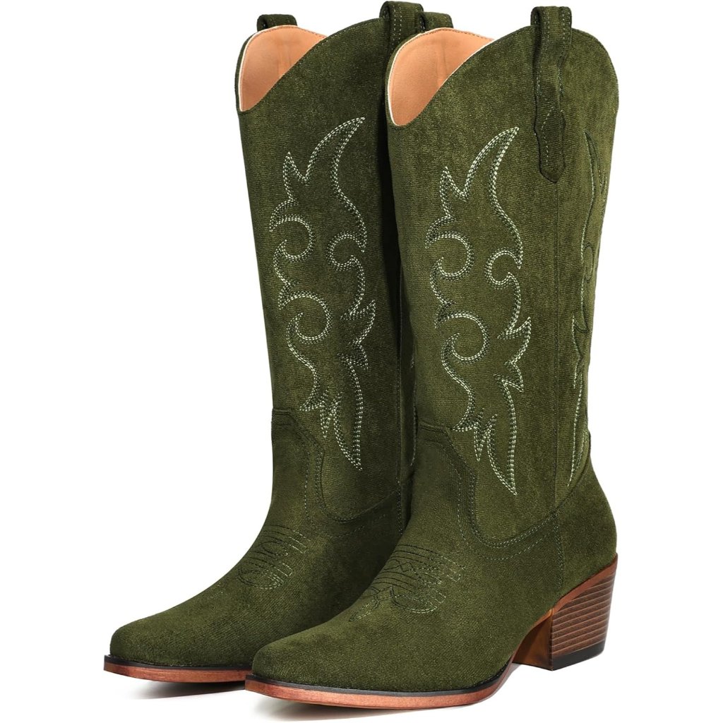 Women's Green Western Cowgirl Boots Mid Calf Snip Toe Boot With Chunky Heel